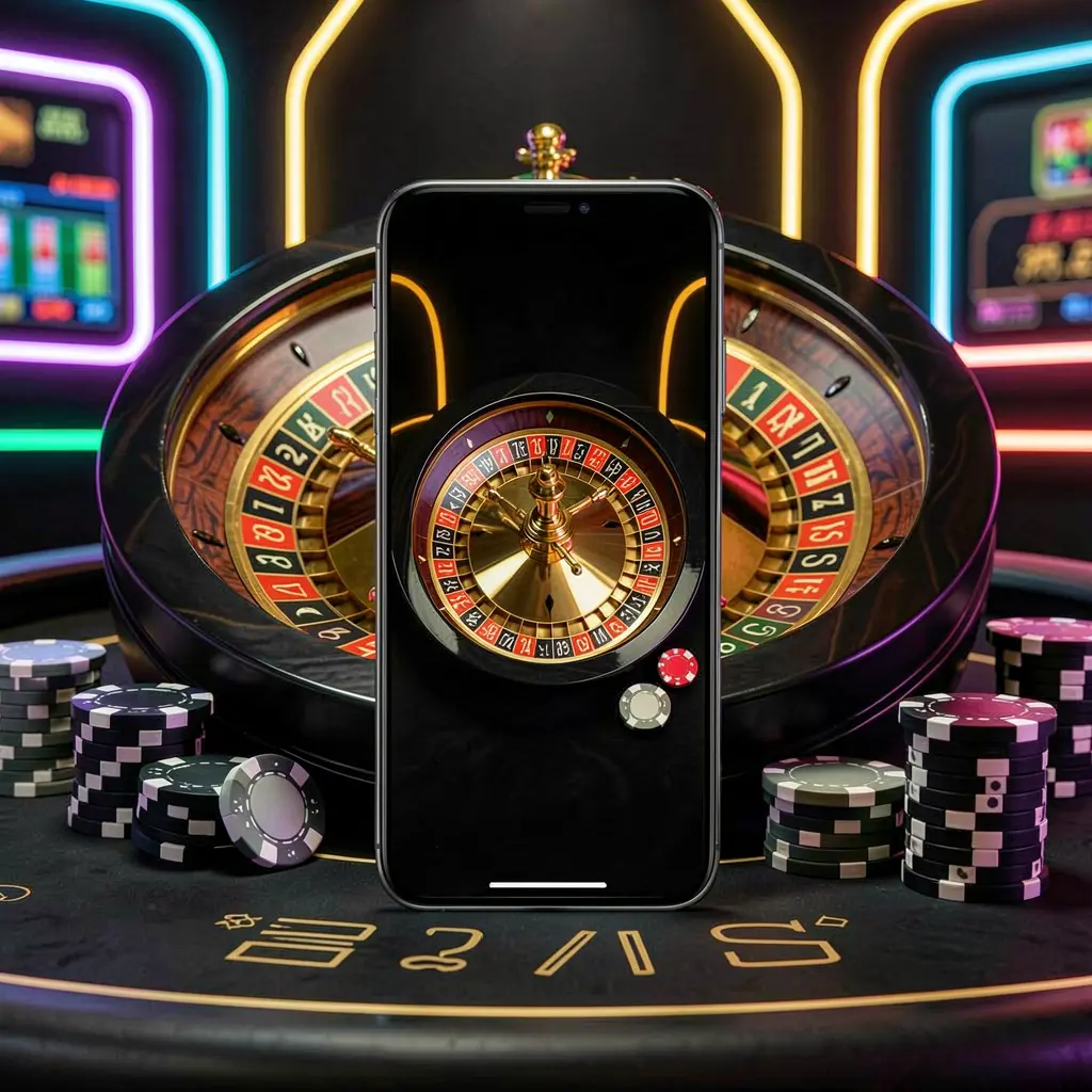 Adegan aplikasi kasino seluler yang menampilkan ponsel di tengah dengan roda rolet dan chip poker di latar belakang, diterangi oleh lampu neon bercahaya dalam gaya premium hitam dan emas, menampilkan pengalaman merek 999L