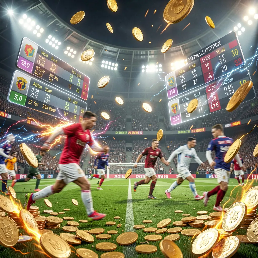Adegan taruhan sepak bola langsung di stadion sepak bola dengan lampu terang dan pemain yang bergerak tampak buram, menampilkan panel peluang mengambang, koin, dan efek energi dinamis, menampilkan render sinematik premium merek 999L