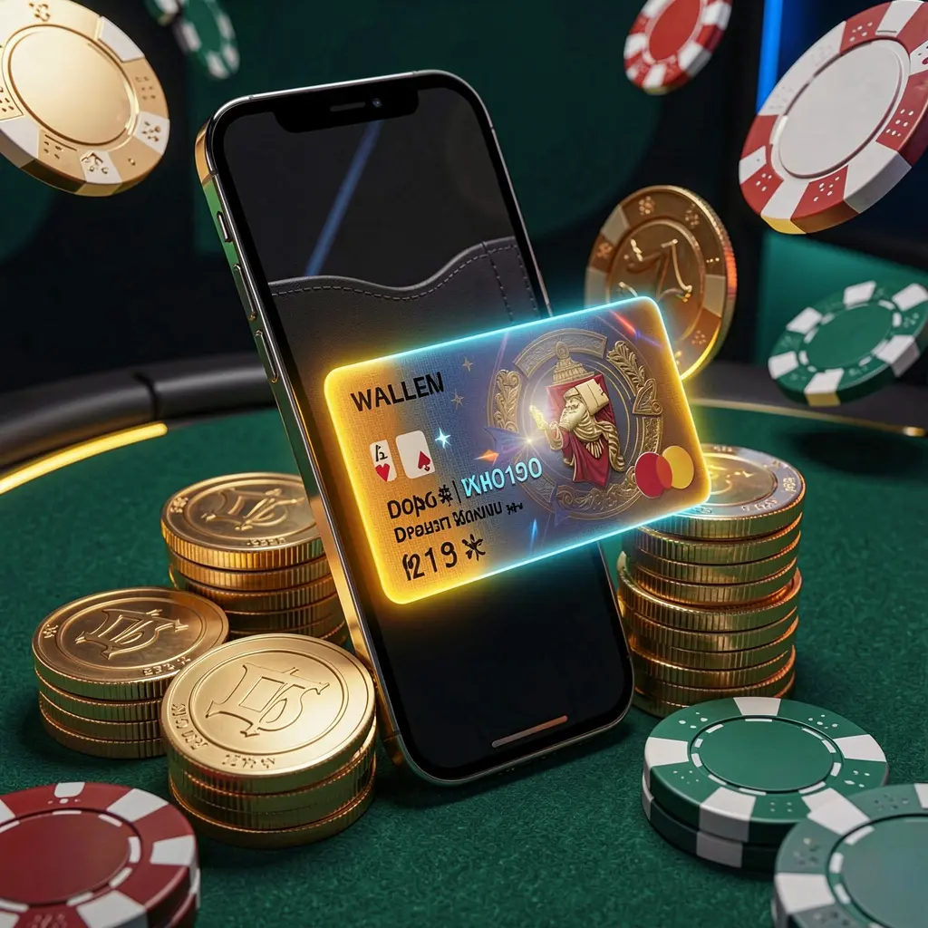 Konsep bonus deposit kasino seluler modern oleh 999L yang menampilkan dompet ponsel pintar dengan kartu pembayaran bercahaya, dikelilingi oleh koin emas dan chip poker