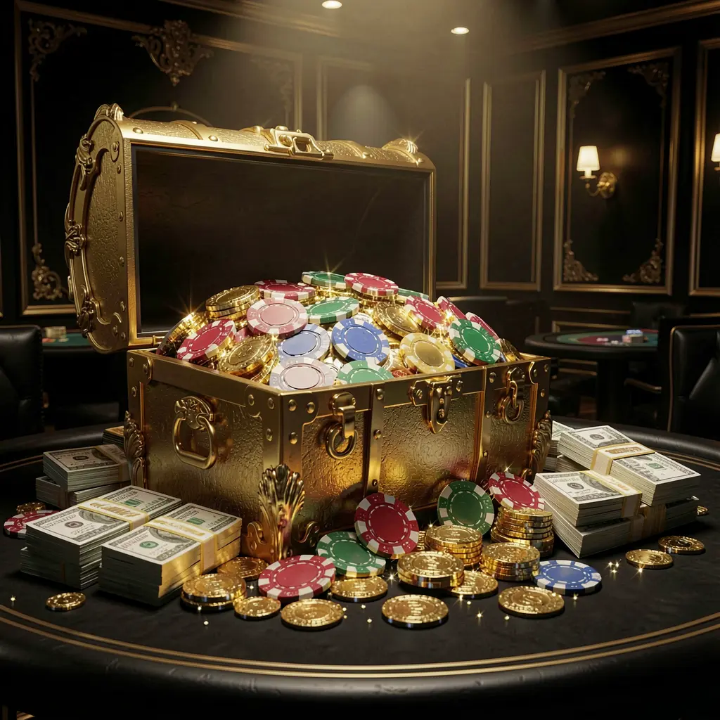 Adegan hadiah kasino 999L yang menampilkan peti harta karun emas yang meluap dengan chip, bundel uang tunai, dan koin berkilau dalam gaya hitam dan emas yang elegan dengan pencahayaan dramatis