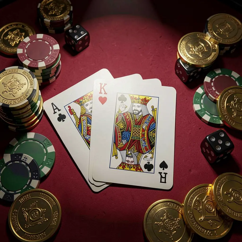 Meja kasino 999L yang menampilkan kombinasi royal flush, chip poker, koin emas, dan dadu pada latar belakang hitam dan merah mewah dengan sorotan dramatis dalam render 3D realistis
