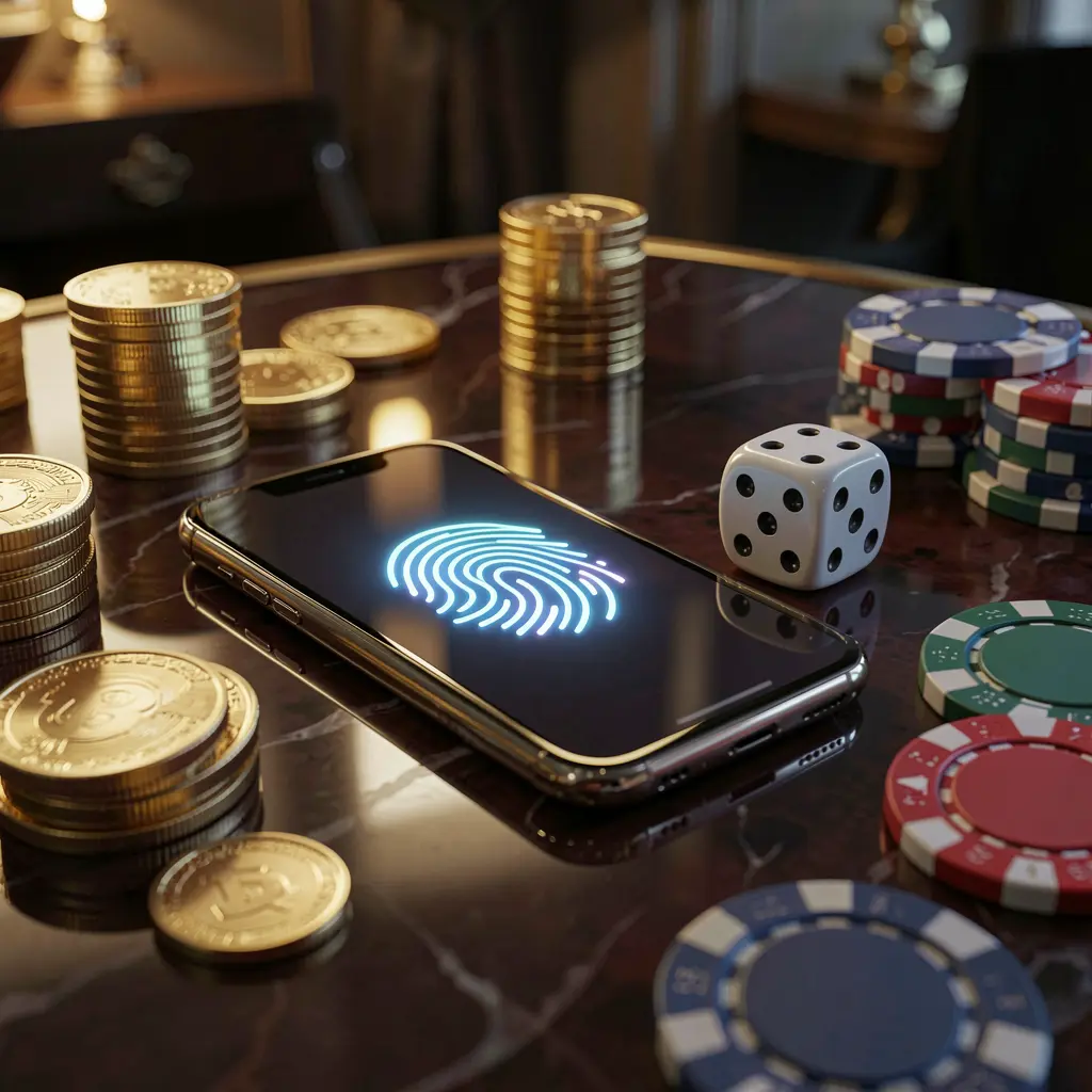 Adegan akses akun permainan daring 999L yang menampilkan ponsel pintar dengan ikon sidik jari bercahaya, koin emas, dadu, dan chip poker di atas meja mengilap dengan pencahayaan sinematik
