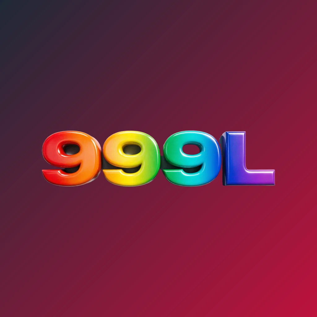 Logo 3D 999L dengan font tebal berukuran besar dalam gradien pelangi warna-warni dan tekstur plastik mengilap, menampilkan bayangan dan sorotan kuat pada latar belakang transparan, dirancang sebagai logo tanda kata persegi panjang horizontal untuk header situs web